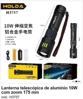 Lanterna telescópica de alumínio 10W com zoom 175 mm R$ 27,9 PC/CX:100