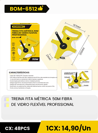 TREINA FITA MÉTRICA 50M FIBRA DE VIDRO FLEXÍVEL PROFISSIONAL CX: 48PCS 1CX: 14,90/Un