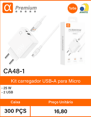 Kit carregador USB-A para Micro Caixa 300 PCS Preco Unitario 16,80