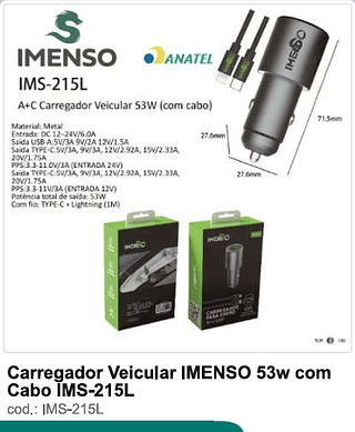 Carregador Veicular IMENSO 53w com Cabo 100PC/CX R$22,5
