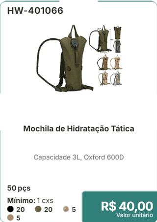 Mochila de Hidratação Tática 50 pçs R$ 40.00