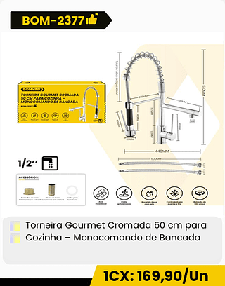 Torneira Gourmet Cromada 50 cm para Cozinha - Monocomando de Bancada CX: 10PCS 1CX: 169,90/Un