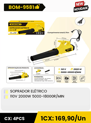 SOPRADOR ELÉTRICO 110V 2000W 5000-18000R/MIN CX: 4PCS 1CX: 169,90/Un