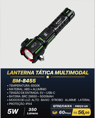 LANTERNA TÁTICA MULTIMODAL 60PÇS R$56,00