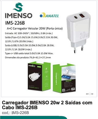 Carregador IMENSO 20w 2 Saídas com Cabo 100PC/CX R$12,6