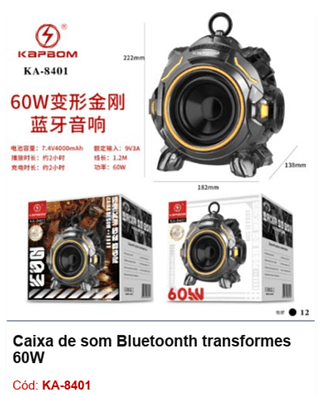 Caixa de som Bluetoonth transformes 60W R$234 PCS/Cx:12