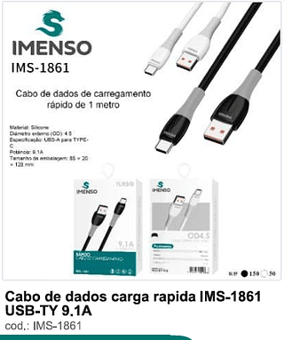Cabo de dados carga rápida USB-TY 9.1A 200PC/CX R$5,4