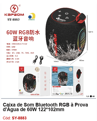 Caixa de Som Bluetooth RGB à Prova d'Água de 60W R$70,2 PCS/CX:40