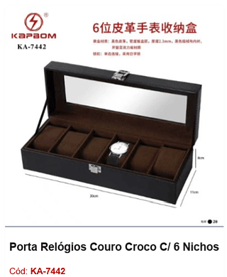 Porta Relógios Couro Croco C/ 6 Nichos R$ 49,5 PCS/CX: 20