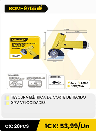 TESOURA ELÉTRICA DE CORTE DE TECIDO 3.7V VELOCIDADES CX: 20PCS 1CX: 53,99/Un