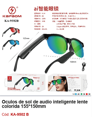 Oculos de sol de audio inteligente lente colorida 155*150mm R$28,8 PCS/CX:100