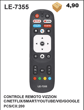 CONTROLE REMOTO VIZZION C/NETFLIX/SMART/YOUTUBE/VID/GOOGLE 200pç=4,9$