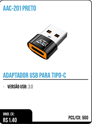 ADAPTADOR USB PARA TIPO-C UNID. CX: R$ 1.40 PCS/CX: 500