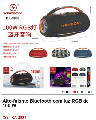 Alto-falante Bluetooth com luz RGB de 100 W R$382,5 PCS/CX:8