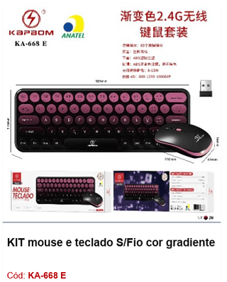 KIT mouse e teclado S/Fio cor gradiente R$72 PCS/Cx:20