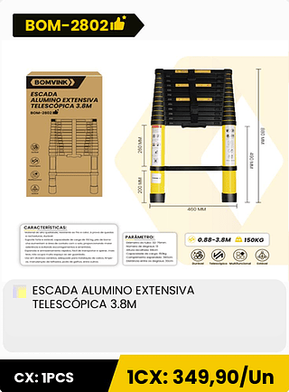 ESCADA ALUMINO EXTENSIVA TELESCÓPICA 3.8M CX: 1PCS ICX: 349,90/Un