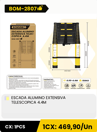 ESCADA ALUMINO EXTENSIVA TELESCOPICA 4.4M CX: 1PCS 1CX: 469,90/Un