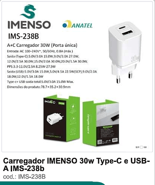 Carregador IMENSO 30w Type-C e USB-A 100PC/CX R$18