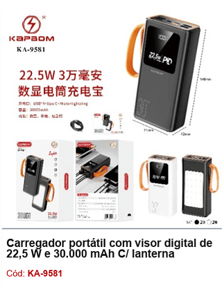 Carregador portátil com visor digital de 22,5 W e 30.000 mAh C/ lanterna R$83,7 PCS/Cx: 40