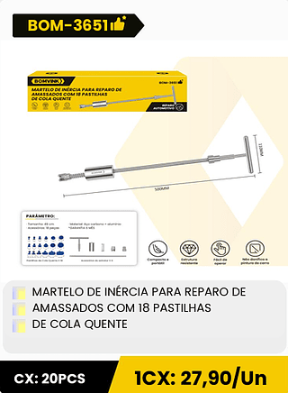 MARTELO DE INERCIA PARA REPARO DE AMASSADOS COM 18 PASTILHAS DE COLA QUENTE CX: 20PCS 1CX: 27,90/Un
