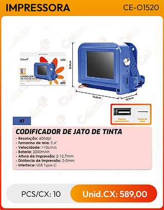 CODIFICADOR DE JATO DE TINTA PCS/CX: 10 Unid.CX: 589,00