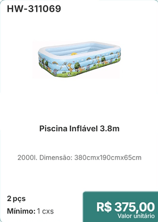 Piscina Inflável 3.8m 2 pçs R$ 375,00