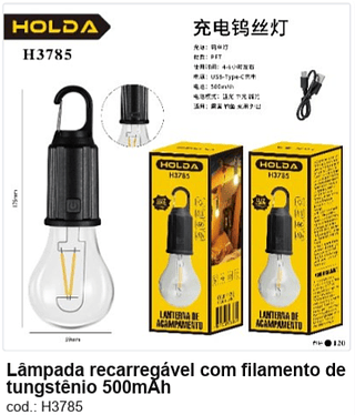 Lâmpada recarregável com filamento de tungstênio 500mAh R$ 9 PC/CX:120