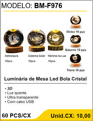 Luminária de Mesa Led Bola Cristal 60 PCS/CX Unid.CX: 10,00