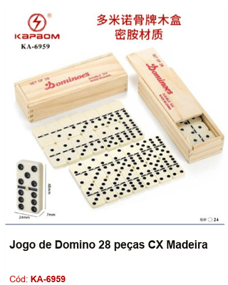 Jogo de Domino 28 peças CX Madeira R$ 22,5 PCS/CX:24