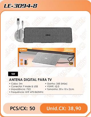 ANTENA DIGITAL PARA TV • Cabo: 3m • Conector: F male & USB • Impedância: 750 • Frequência: UHF 470-862MHz • Ganho: 26B (Máx) • VSWR: ≤2.0 • Tamanho: 30 x 10 x 2cm50pç=38.9$