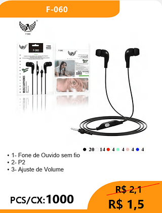 FONE DE OUVIDO PCS/CX:1000 R$1,5