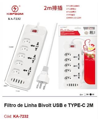Filtro de Linha Bivolt USB e TYPE-C 2M R$ 34,2 PCS/Cx:60