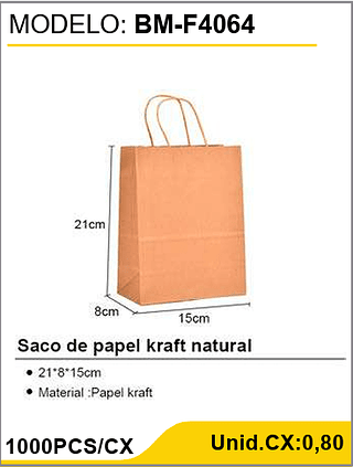 Saco de papel kraft natural 1000PCS/CX Unid.CX:0,80