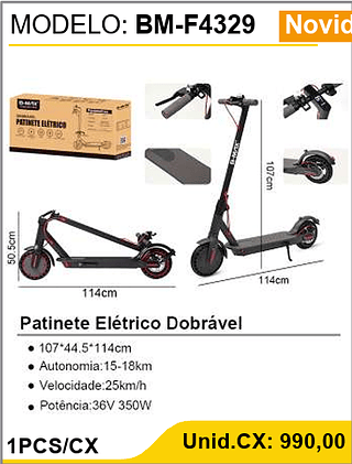 Patinete Elétrico Dobrável 1PCS/CX Unid.CX: 990,00