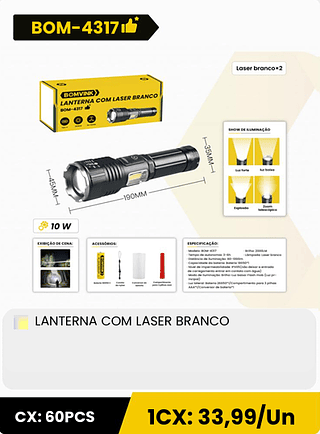 LANTERNA COM LASER BRANCO CX: 60PCS 1CX: 33,99/Un
