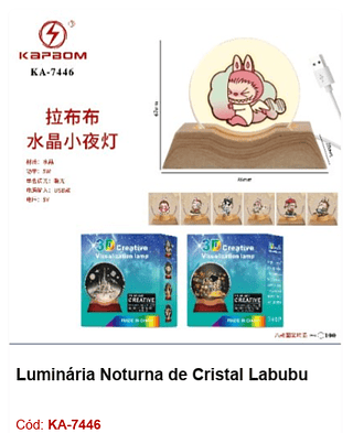 Luminária Noturna de Cristal Labubu R$ 9,9 PCS/CX:100