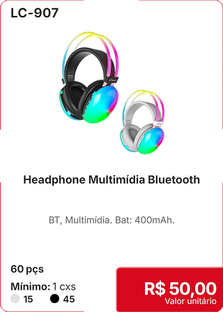 Headphone Multimídia Bluetooth 60 pçs R$ 50.00