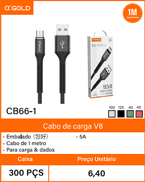 Cabo de carga V8 Caixa 300 PCS -5A Preco Unitario 6,40