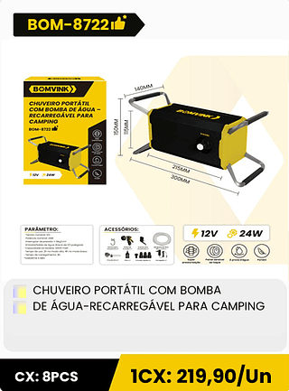 CHUVEIRO PORTÁTIL COM BOMBA DE ÁGUA-RECARREGÁVEL PARA CAMPING CX: 8PCS 1CX: 219,90/Un