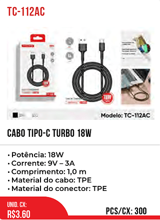 CABO TIPO-C TURBO 18W 300pç=3,6$