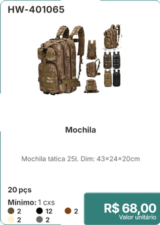Mochila 20 pçs R$ 68,00