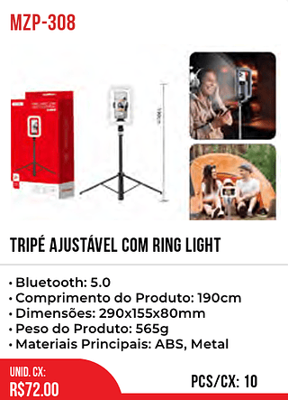 TRIPÉ AJUSTÁVEL COM RING LIGHT 10pç=72$