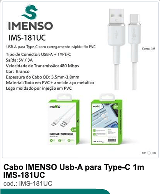 Cabo IMENSO Usb-A para Type-C 1m 100PC/CX R$9