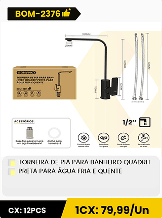 TORNEIRA DE PIA PARA BANHEIRO QUADRIT PRETA PARA ÁGUA FRIA E QUENTE CX: 12PCS 1CX: 79,99/Un