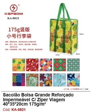 Sacolão Bolsa Grande Reforçado Impermeável C/ Zíper Viagem 40*35*20cm 175g/m² R$ 5,4 Pcs/cx: 240