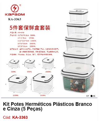 Kit Potes Herméticos Plásticos Branco e Cinza (5 Peças) R$ 27 PCS/CX: 36