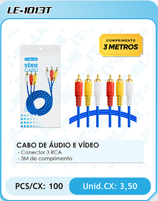 CABO DE ÁUDIO E VÍDEO - Conector 3 RCA - 3M de comprimento PCS/CX: 100 Unid.CX: 3,50