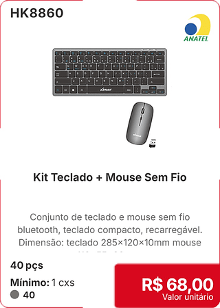 Kit Teclado + Mouse Sem Fio 40 pçs R$ 68.00