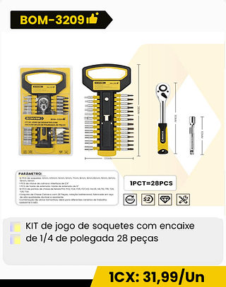 KIT de jogo de soquetes com encaixe de 1/4 de polegada 28 peças CX: 20PCS ICX: 31,99/Un