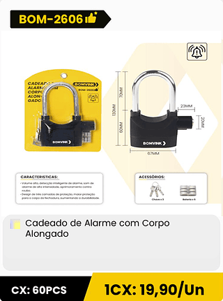 Cadeado de Alarme com Corpo Alongado CX: 60PCS 1CX: 19,90/Un